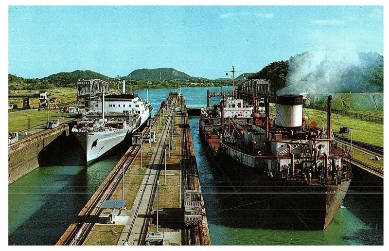 Miraflores Locks Panama Canal Ships Postcard Posted 1967