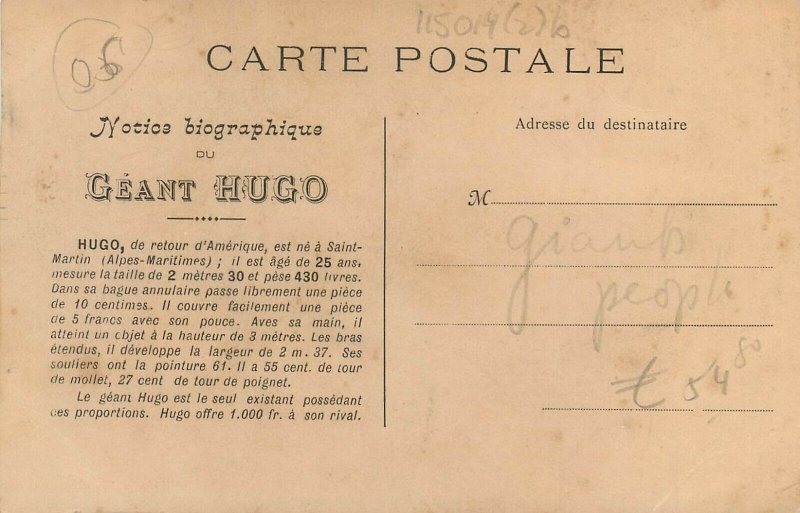 The giant Hugo offers 1000 francs to his rival tallest man world record postcard