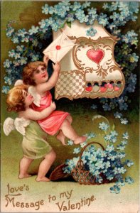 Valentine's Day PC Cherub Cupids Mailing Letter Envelope Forget-Me-Not Flowers