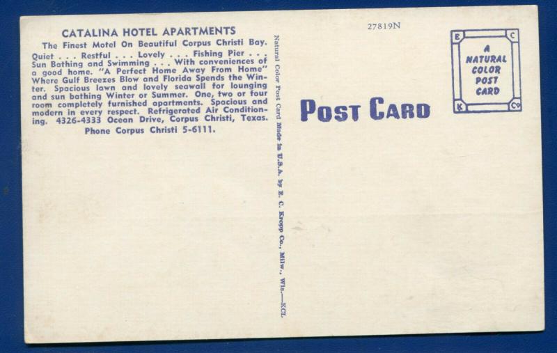 Corpus Christi Texas tx Catalina Hotel Apartments linen postcard