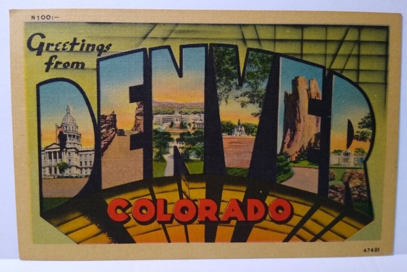 Greetings From Denver Colorado Large Letter Linen Postcard Metropolitan Unused