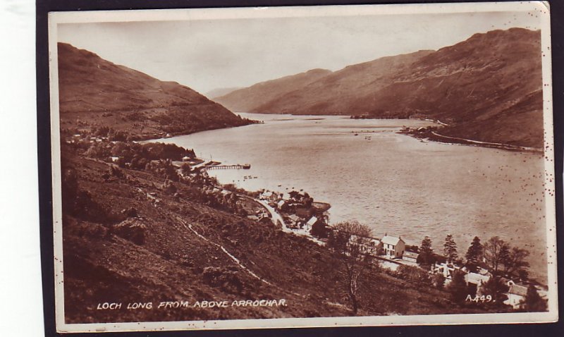 P1453 old used RPPC loch long from above village arrochar scotland england