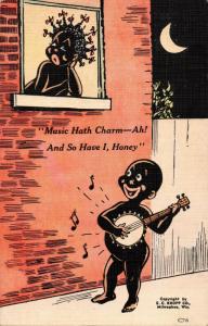 MUSIC HATH CHARM AND SO HAVE I-NAKED BOY W/ BANJO~ BLACK AMERICANA POSTCARD