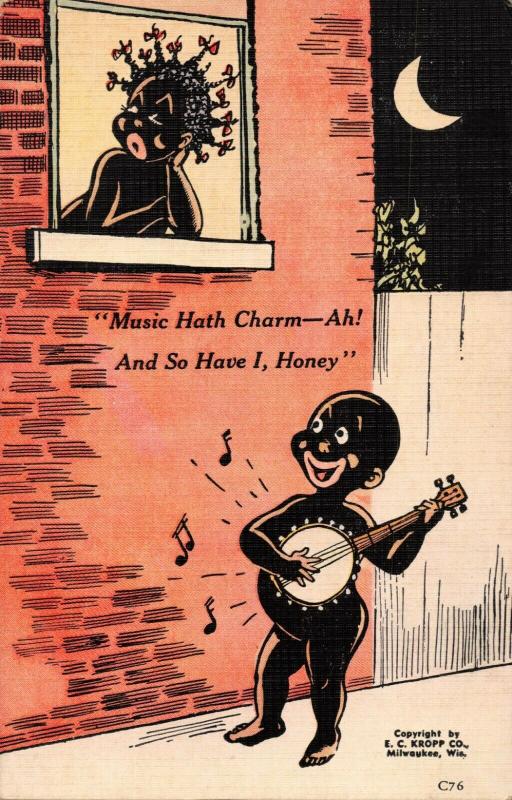 MUSIC HATH CHARM AND SO HAVE I-NAKED BOY W/ BANJO~ BLACK AMERICANA POSTCARD