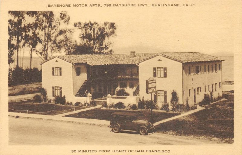 Bayshore Motor Apts., Burlingame, CA Bayshore Hwy Roadside 1935 Vintage Postcard