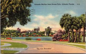 Orlando Skyline from Across Lake Eola, Orlando Vintage Linen Postcard I16