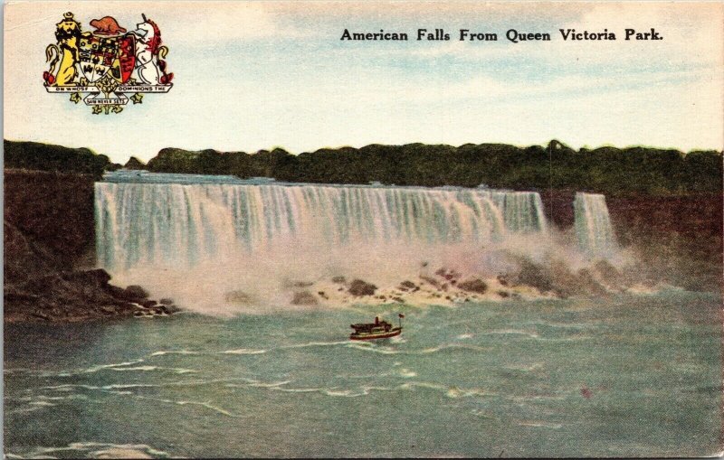 American Falls Queen Victoria Park Canada Boat Coat Of Arms DB Postcard 