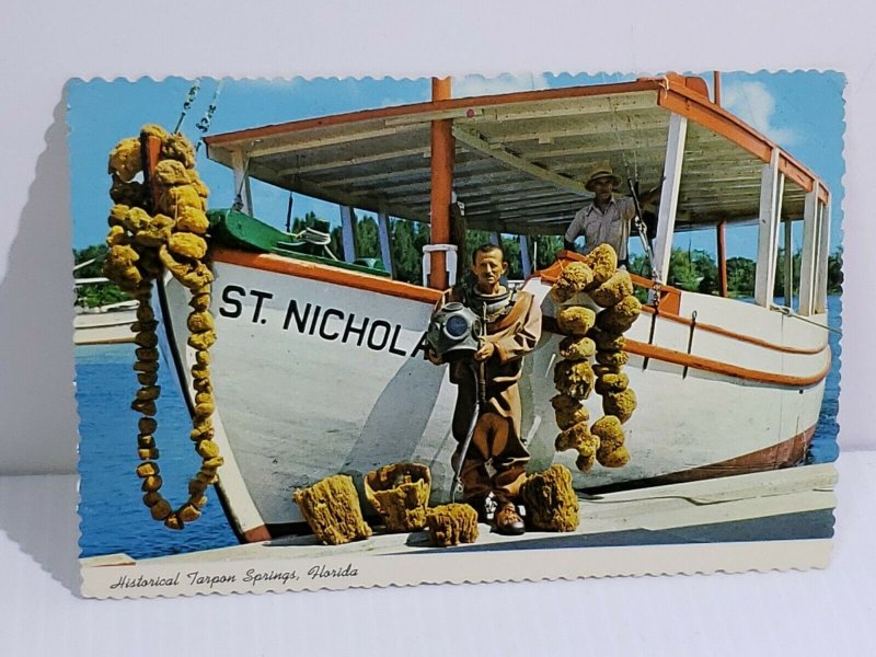 Sponge Diver Tarpon Springs Florida Ship Boat Vintage Postcard unposted   475