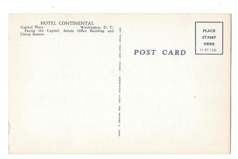 Hotel Continental Washington DC Capitol Plaza  Senate Vintage 1950s Postcard