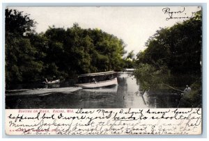 1907 Boating On River Lake Speed Boat Paddling Tree Racine Wisconsin WI Postcard