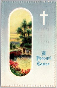 A Peaceful Easter, 1913 Riding Horse Across Bridge Oval Frame, Cross, Postcard