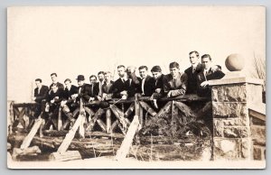 RPPC Group Men School Mates on Unique Rustic Wood and Stone Bridge Postcard I22