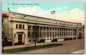 Spokane Washington~Masonic Temple Bldg~US Flag~Columns~Romanesque~c1910 Postcard