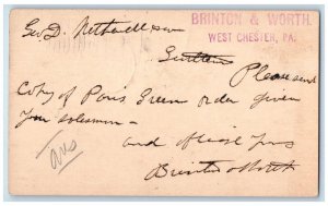1900 Brinton & Worth Order West Chester PA Philadelphia PA PMC Postal Card