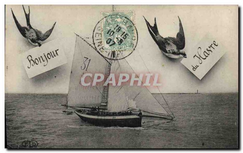 Postcard Old fishing boat Hello Havre
