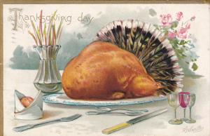 Thanksgiving Roasted Turkey On Platter Signed Wealthy 1908 Tucks