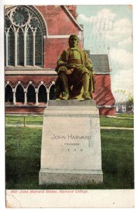 John Harvard Statue, Harvard, Cambridge, Massachusetts, Used 1908 Flag Cancel