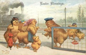 Dressed Animal Thiele Postcard Chicks Give Their Tickets To Railroad Conductor