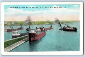 Sault Ste. Marie Michigan Postcard Freighters Waiting To Go Through Locks 1931