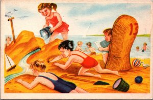 Children Having Fun At The Beach Vintage Postcard C187