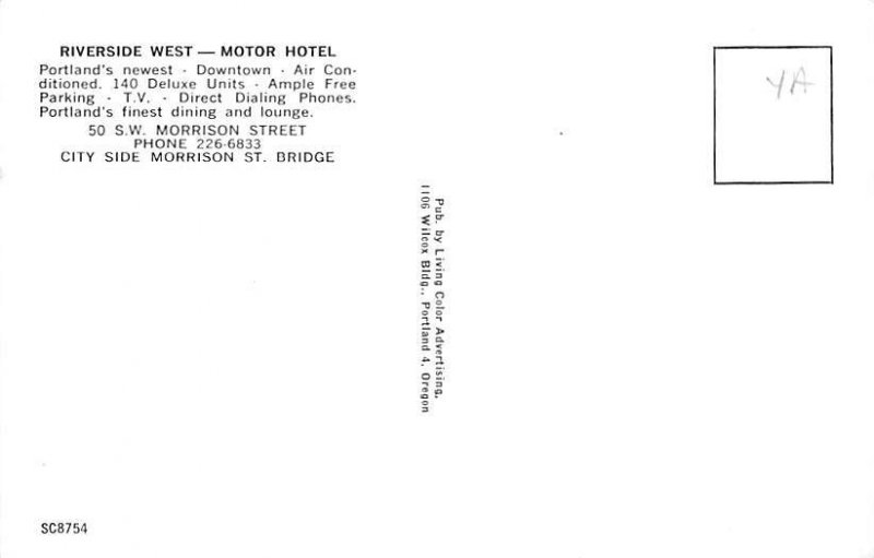 Riverside West, Motor Hotel Portland, Oregon OR Postcard