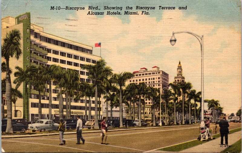 Biscayne Blvd Terrace Alcazer Hotel Miami Florida FL Linen Postcard PM Cancel 2c 