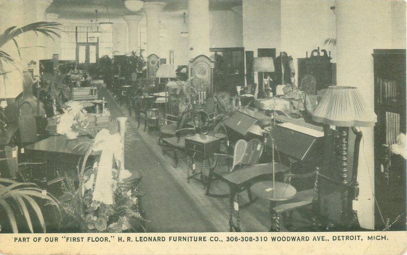 HR Leonard Furniture Store, First Floor Detroit MI 1915 Postcard