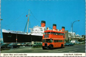 VINTAGE CONTINENTAL SIZE POSTCARD QUEEN MARY AND LONDON BUS LONG BEACH CALIF