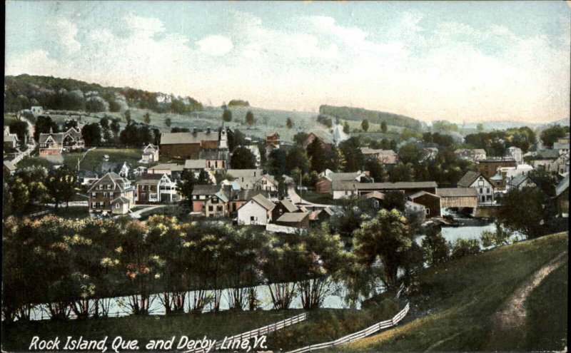 DERBY LINE VT and Rock Island Quebec PANORAMIC VIEW c1910 Postcard