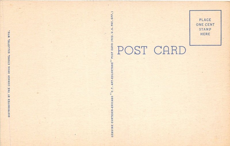 F89/ Gilette Wyoming Postcard Linen Corner Drug Store Automobiles