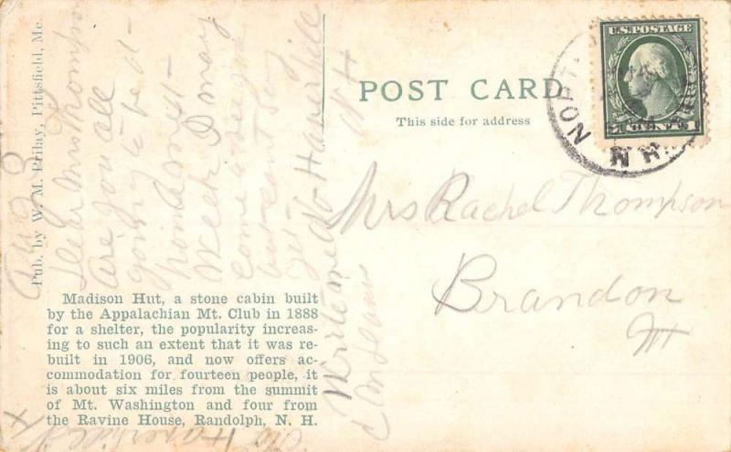 Randolph New Hampshire Madison Hut Mountain Antique Postcard K85461