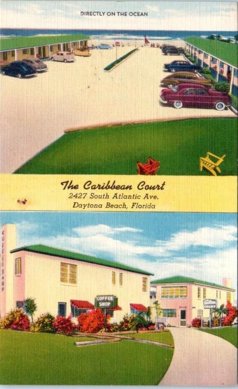 DAYTONA BEACH, FL Florida The CARIBBEAN  COURT c40s, 50s Cars Roadside Postcard