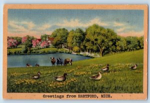 c1940 Hartford Michigan Vintage Postcard Greetings Duck Cow Farm Field Exterior