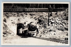 Banff Alberta Canada Postcard Lower Tunnel Train Byron Harmon c1920's RPPC Photo
