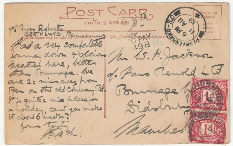 Penmaenmawr, Dwygyfylchi PPC 1919, 2 x 1d Postage Due To H Jackson, Burnage