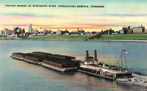 Vintage Postcard Freight Barges Mississippi River Approaching Memphis Tennessee