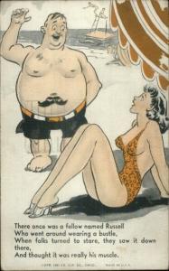 Sexy Large Breasted Bathing Beauty & Fat Guy on Beach Limerick Poem Comic