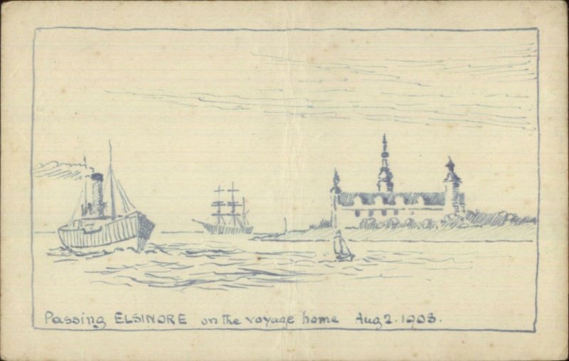 Handmade Art Boat Passing Elsinore 1908 Postcard