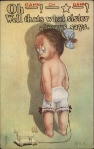 Little Girl w/ Pull Toy DAMN OH DAMN c1910 Postcard - Clavally