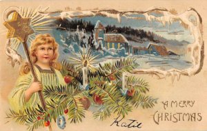 Christmas Greetings Girl with Star Staff Winter Scene Vintage Postcard AA15951