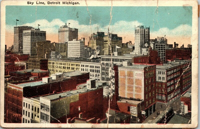 Sky Line Skyline Detroit Michigan MI Skyscrapers WB Postcard VTG UNP Unused