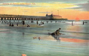Vintage Postcard Bathing at Sunset Beautiful Sightseeing Long Beach California