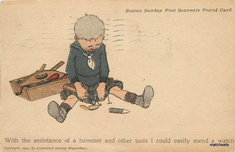 C-1910 Boy repairing Watch with hammer humor artist impression postcard 1462