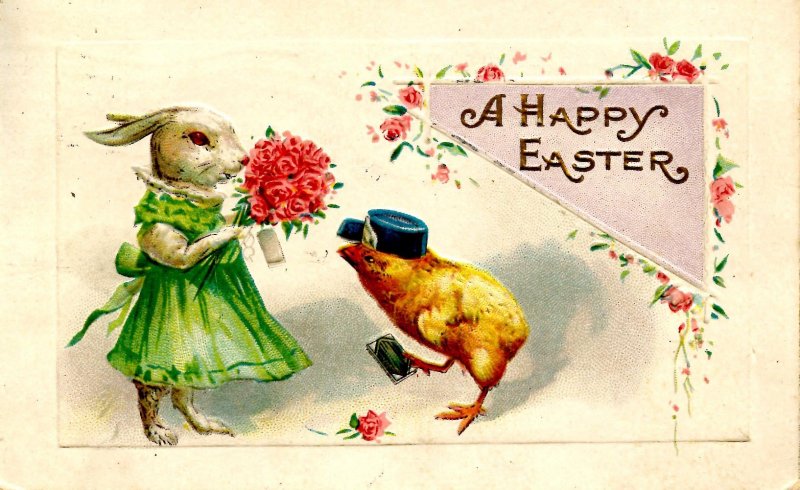 Greeting - Easter.  (dressed bunny & chick)