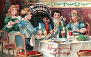 Thanksgiving Greetings Children Enjoying Their Meals Greetings Vintage Postcard