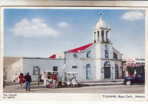 P1934 vintage postcard people vrnders church tijuana baja calif, mexco used