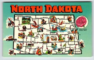 Postcard Greetings From North Dakota Map Chrome State Flower Prairie Rose Unused