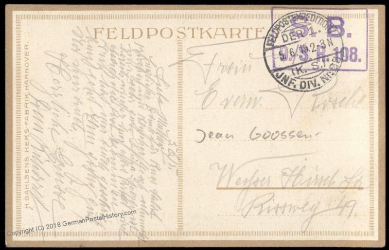 Germany 1915 Josse Goossens Bahlsens Leibniz Keks Biscuit WWI Feldpost Art 82410