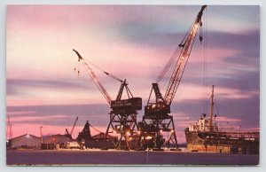 Toledo Ohio~Port Authority Big & Little Lucas Cranes @ Sunset~1950s Postcard