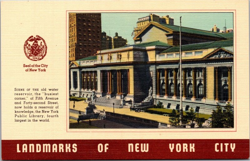 Postcard NY Landmarks of New York City Old Water Reservoir Fifth Avenue 42nd St